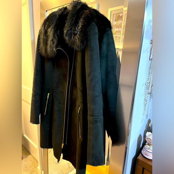 Cole Haan Signature Faux Fur Shearling Black Coat - Picture 2 of 8